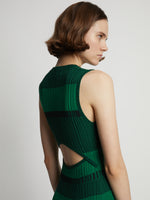 Detail image of model wearing Mini Stripe Sleeveless Knit Dress in green/black