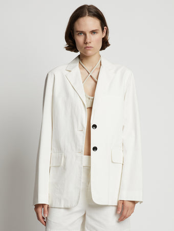 Cropped front image of model wearing Cotton Linen Blazer in off white