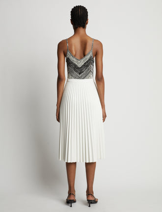 Back image of model wearing Marled Stripe Body Suit in buttercream/black