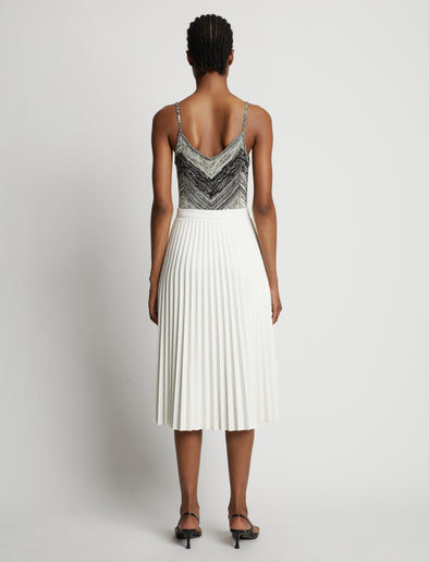 Back image of model wearing Marled Stripe Body Suit in buttercream/black