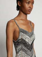 Detail image of model wearing Marled Stripe Body Suit in buttercream/black