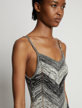 Detail image of model wearing Marled Stripe Body Suit in buttercream/black
