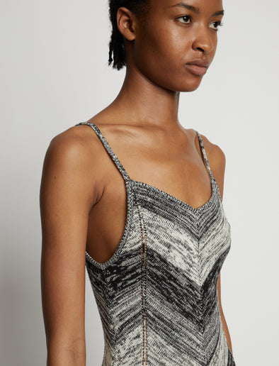 Detail image of model wearing Marled Stripe Body Suit in buttercream/black