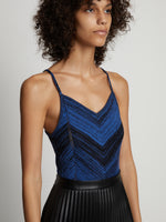Detail image of model wearing Marled Stripe Body Suit in cerulean/black