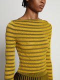 Detail image of model wearing Sheer Stripe Sweater in sulphur/black