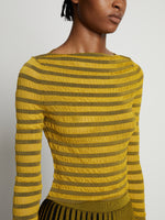 Detail image of model wearing Sheer Stripe Sweater in sulphur/black