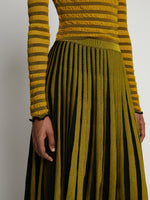Detail image of model wearing Sheer Stripe Knit Skirt in sulphur/black
