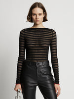 Cropped front image of model wearing Sheer Stripe Sweater in black/red