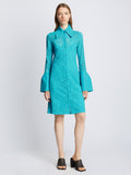 Front image of model wearing Stretch Lace Shirt Dress in cyan
