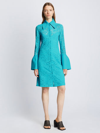 Front image of model wearing Stretch Lace Shirt Dress in cyan