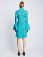 Back image of model wearing Stretch Lace Shirt Dress in cyan