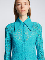 Detail image of model wearing Stretch Lace Shirt Dress in cyan