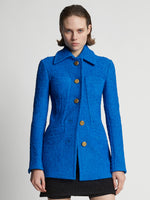 Cropped front image of model wearing Boucle Tweed Jacket in turquoise