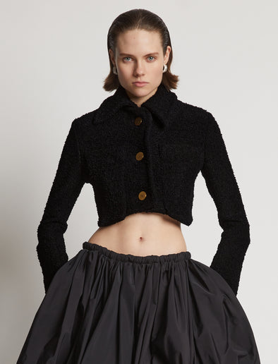 Cropped front image of model wearing Boucle Tweed Crop Jacket in black
