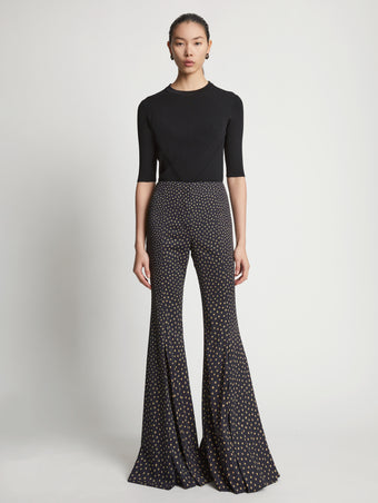 Front image of model in Printed Dot Cady Pants in khaki multi