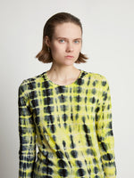 Detail image of model wearing Tie Dye T-Shirt in yellow multi