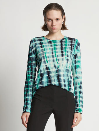 Cropped front image of model wearing Tie Dye T-Shirt in green multi