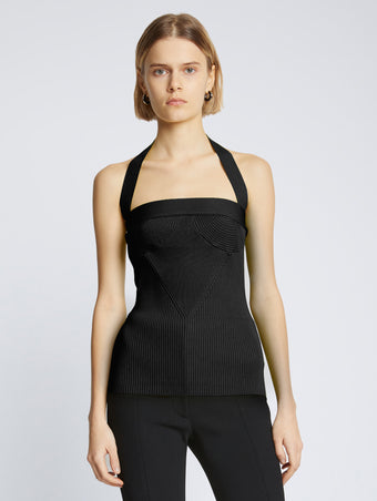 Cropped front image of model wearing Viscose Knit Halter Top in black