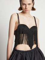 Detail image of model wearing Technical Nylon Fringe Bra in black