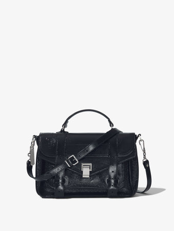 Front image of Crinkled Patent PS1 Medium Bag in BLACK.jpg
