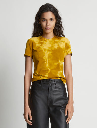 Cropped front image of model wearing Tie Dye T-Shirt in sulphur/muted lime