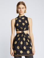 Cropped front image of model wearing Printed Dot Cady Top in khaki multi