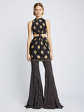 Front image of model wearing Printed Dot Cady Top in khaki multi