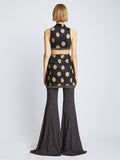 Back image of model wearing Printed Dot Cady Top in khaki multi
