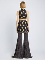 Back image of model wearing Printed Dot Cady Top in khaki multi