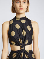 Detail image of model wearing Printed Dot Cady Top in khaki multi