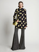 Front image of model wearing Printed Dot Cady Shirt in butter multi