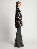 Side image of model wearing Printed Dot Cady Shirt in butter multi