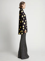 Side image of model wearing Printed Dot Cady Shirt in butter multi