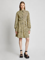 Front image of model wearing Printed Leopard Shirt Dress in butter multi