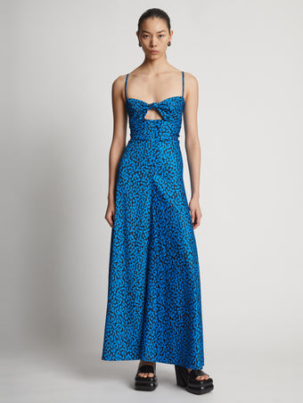 Front image of model wearing Printed Leopard Tank Dress in turquoise multi