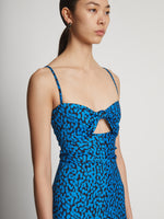 Detail image of model wearing Printed Leopard Tank Dress in turquoise multi