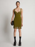 Front image of model wearing Embroidered Viscose Knit Dress in olive