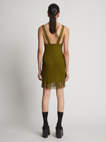 Back image of model wearing Embroidered Viscose Knit Dress in olive