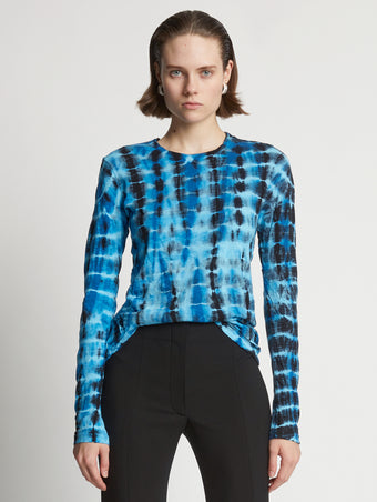 Cropped front  image of model wearing Tie Dye T-Shirt in blue multi