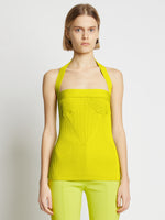 Cropped front image of model wearing Viscose Knit Halter Top in sulphur