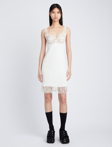 Front image of model wearing Embroidered Viscose Knit Dress in off white