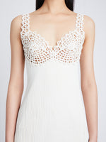 Detail image of model wearing Embroidered Viscose Knit Dress in off white