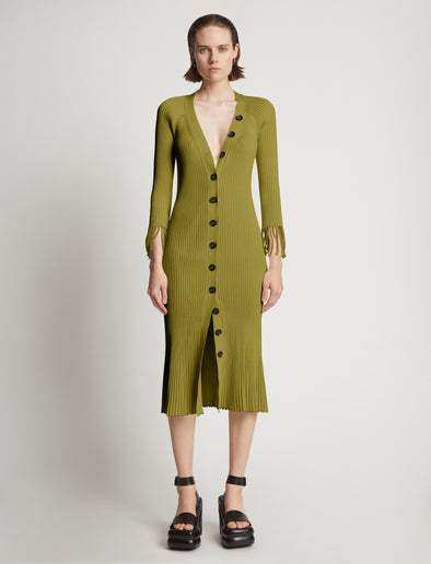 Front image of model wearing Viscose Knit Dress in olive