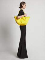 Image of model wearing Raffia Large Ruched Tote in CANARY YELLOW