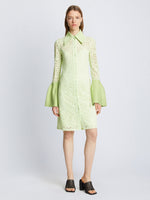 Front image of model wearing Stretch Lace Shirt Dress in lime