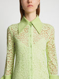 Detail image of model wearing Stretch Lace Shirt Dress in lime