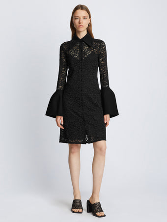 Front image of model wearing Stretch Lace Shirt Dress in black