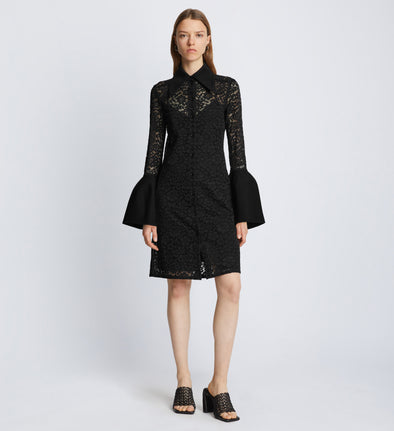 Front image of model wearing Stretch Lace Shirt Dress in black