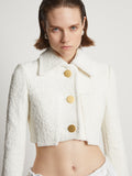Proenza Schouler detail image of model wearing Boucle Tweed Crop Jacket in off white