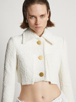 Proenza Schouler detail image of model wearing Boucle Tweed Crop Jacket in off white